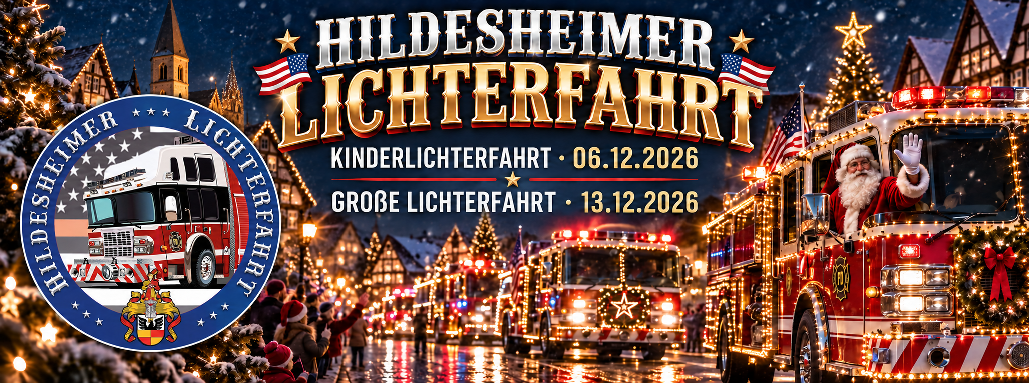 Hildesheimer Lichterfahrt mit festlich beleuchteten Fahrzeugen: Kinderlichterfahrt am 06.12.2026 und große Lichterfahrt am 13.12.2026.