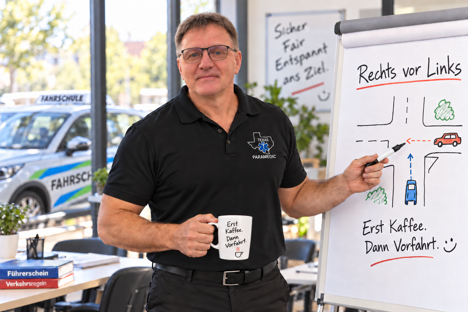 Maik Kipry als Fahrlehreranwärter am Flipchart
