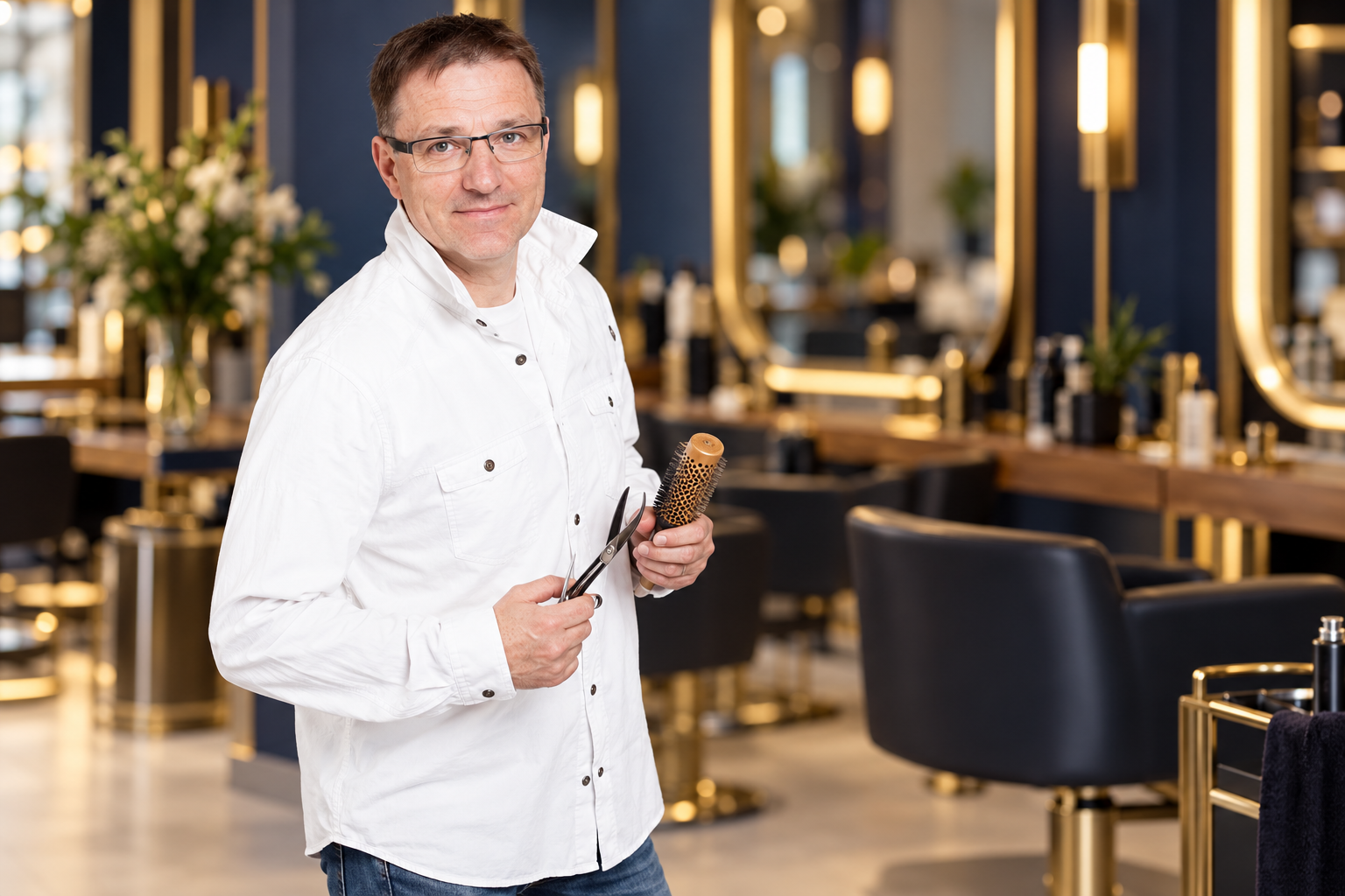 Maik Kipry als Friseurmeister im Salon.